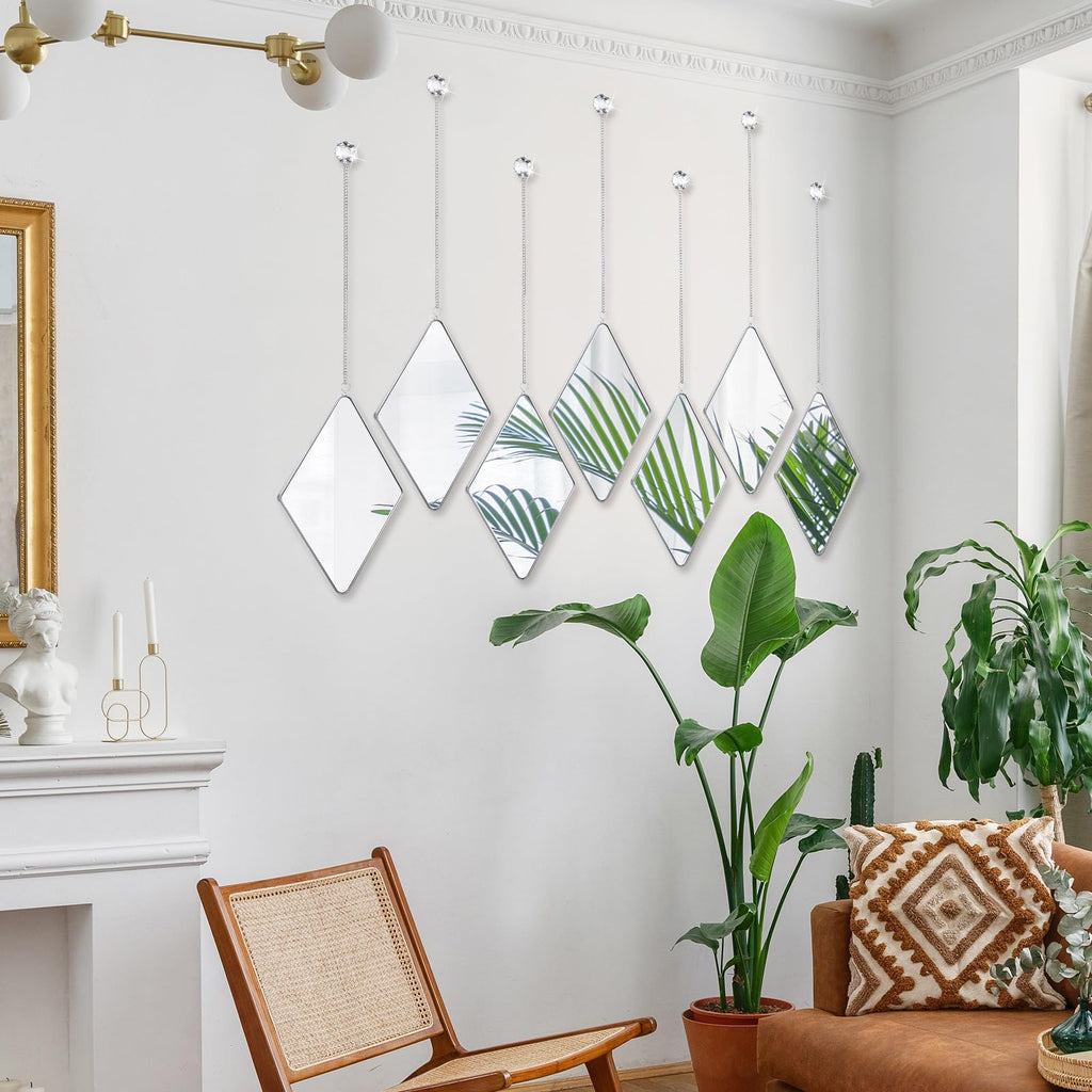 12 Pcs Diamond Wall Mirror Decorative Set Hanging Mirrors with Chain Frame Diamond Decorative for Wall Decor Living