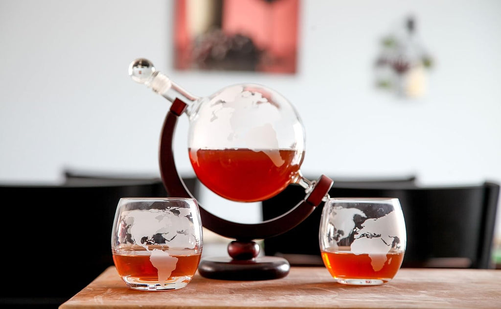 World Globe Whiskey Decanter with Dark Finished Wood Stand, Bar Funnel, and 2 Matching Glasses (850 ml)