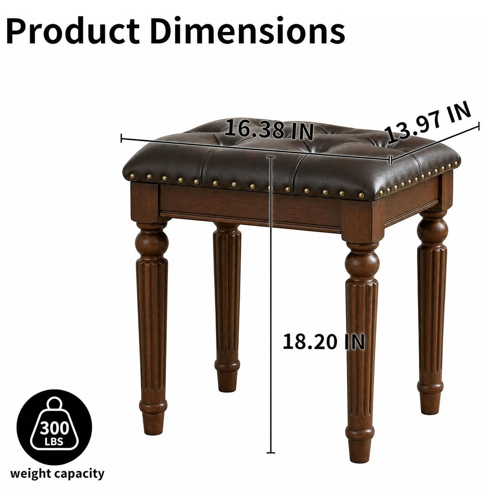 Black Faux Leather Vanity Stool, Backless, Victorian Style