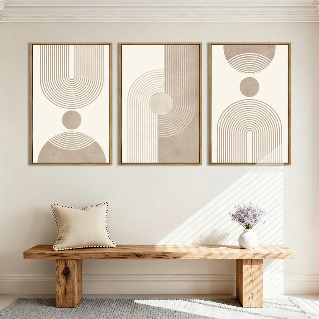 Beige Neutral Canvas Wall Art Boho Pictures Wall Decor Framed Geometric Abstract Artwork Modern Paintings Bedroom