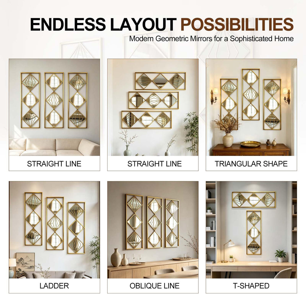 Set of 3 Gold Wall Mirrors, Large Geometric Decorative Mirrors with Metal Frames, Diamond Pattern Wall Mirror Decor