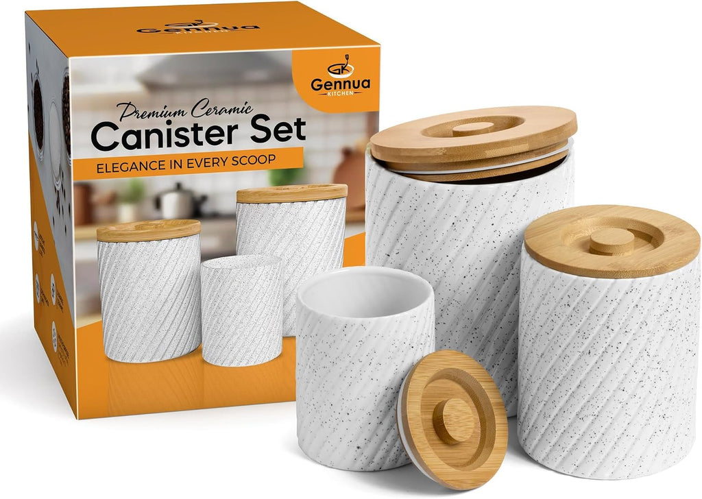 Flour Sugar Storage Containers - Ceramic Canister with Airtight Bamboo Lids Counter - 80, 40 & 20 oz, White - Set of 3