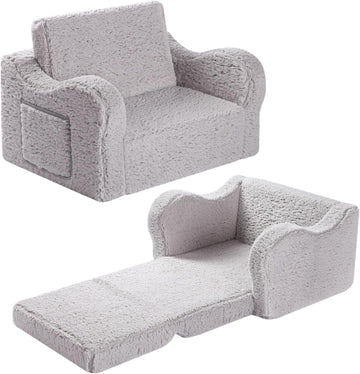 Kids Sofa Chair, in-1 Foldable Couch, Sherpa, Grey