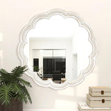 24 Inch Round Wall Mirror, Whitewashed Wooden Frame with Scalloped Edge & Beaded Trim, Decorative Farmhouse Boho Mirror