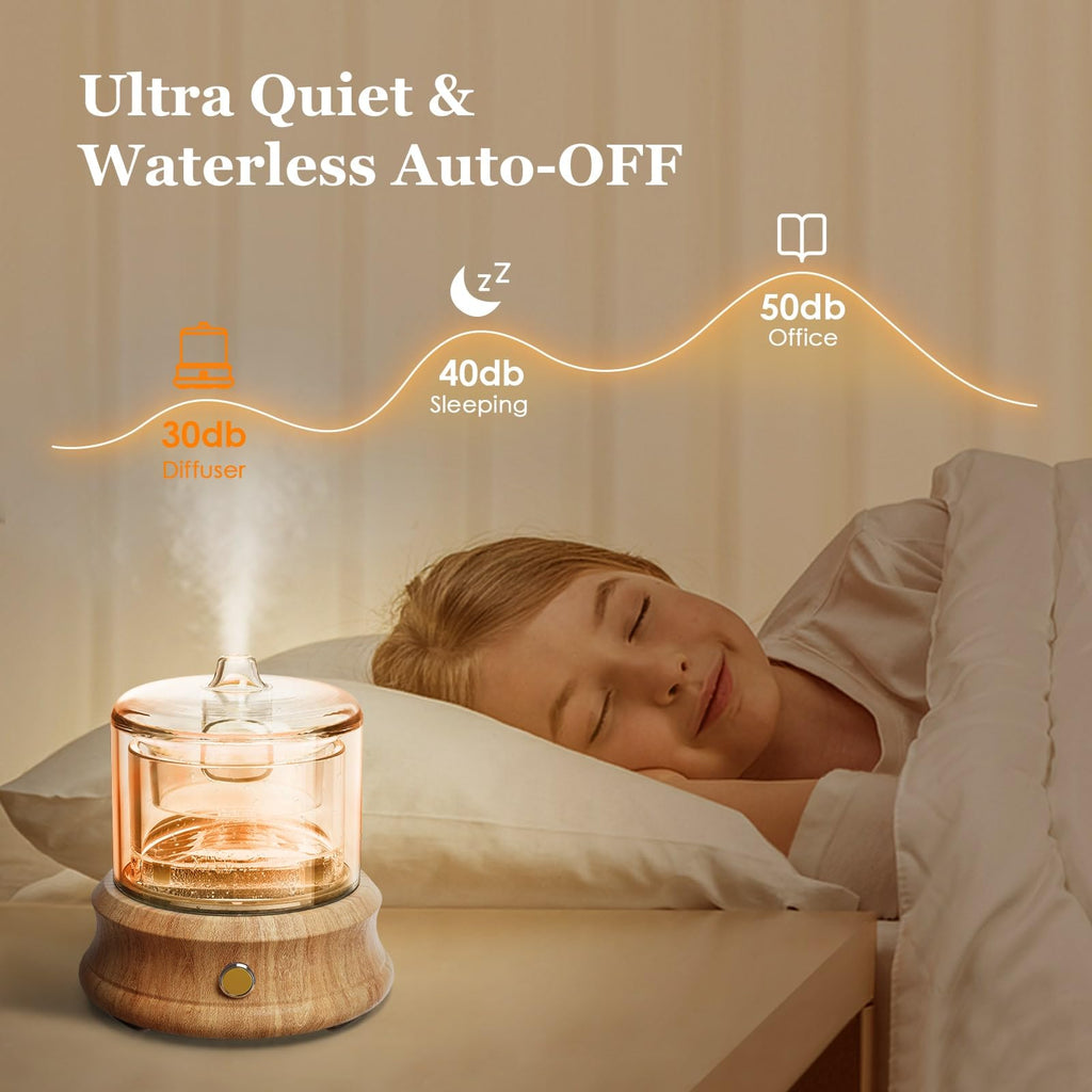 80ML Glass Essential Oil Diffuser with Glass Reservoir & Wood Base, Small Ultrasonic Aroma Diffusers with Auto-Off 7