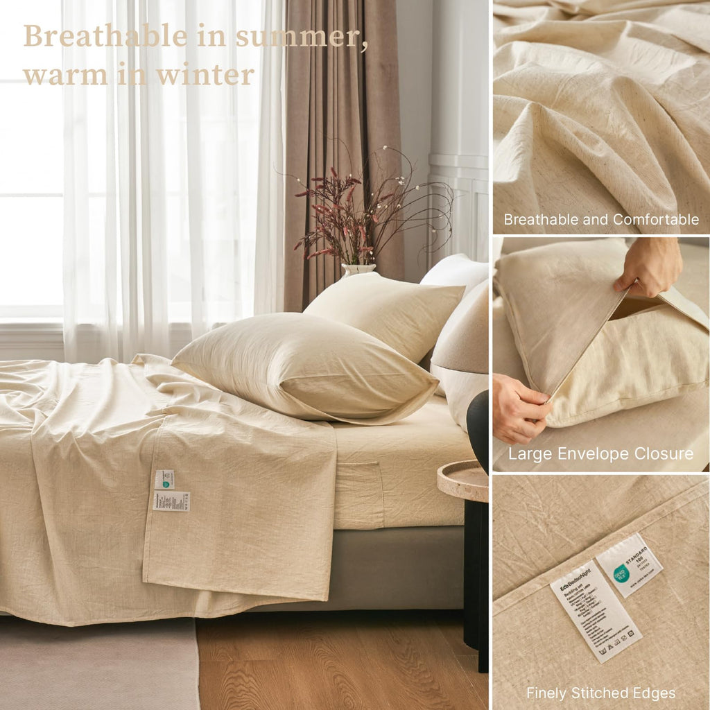 Sheets, Cotton Linen Bed Sheets, Breathable, Durable Bed Sets 18" Deep Pocket(Natural Linen)