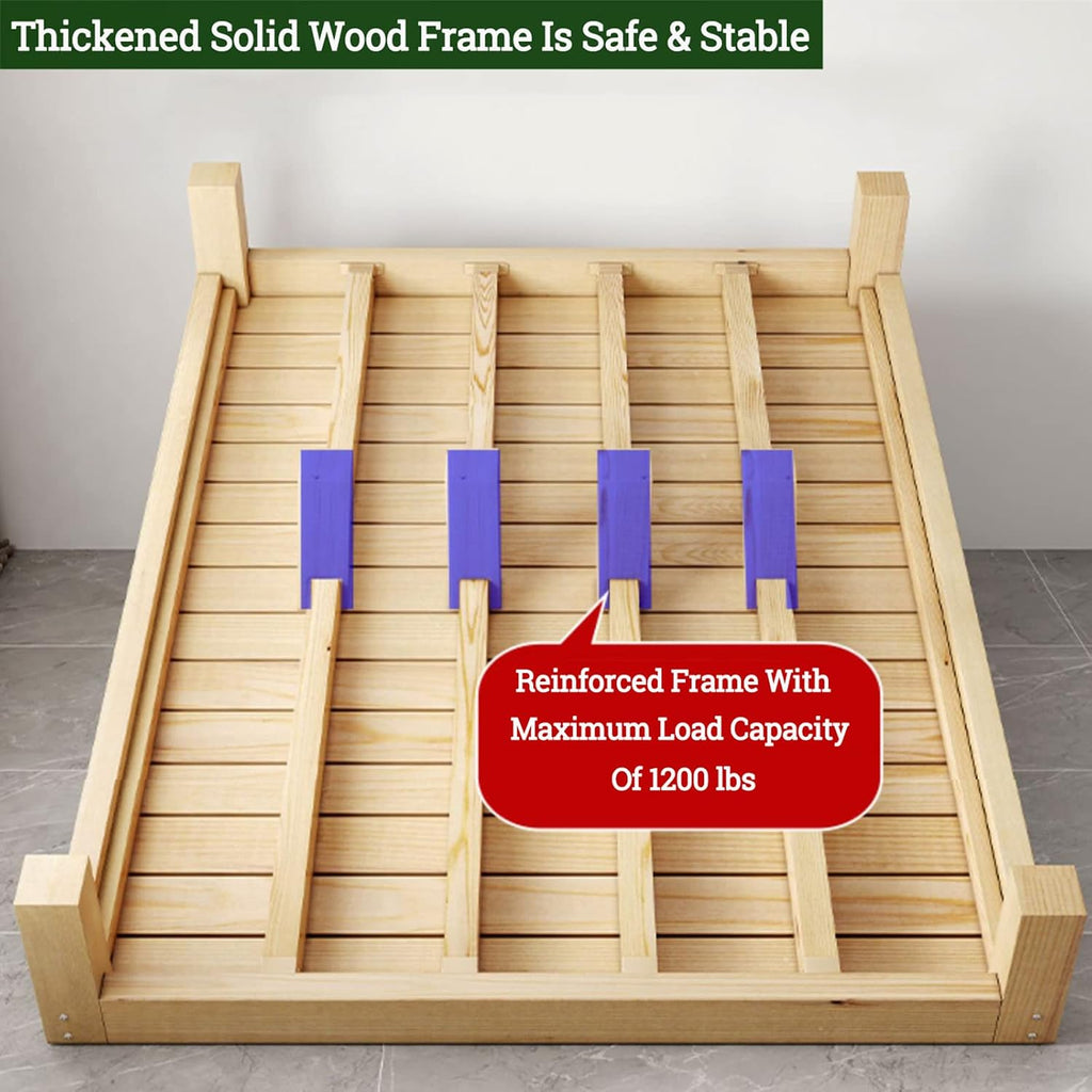 Scandinavian Japanese Bed Frame - Solid Wood Platform With Storage Drawer, 12" Tall Natural Wooden Floor Bed (39.5" W