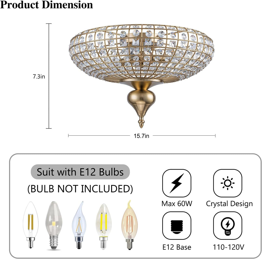 3-Light Vintage Crystal Ceiling Light Semi-Sphere Brass Chandelier with Handcut Beads,16" Antique Crystal Flush Mount