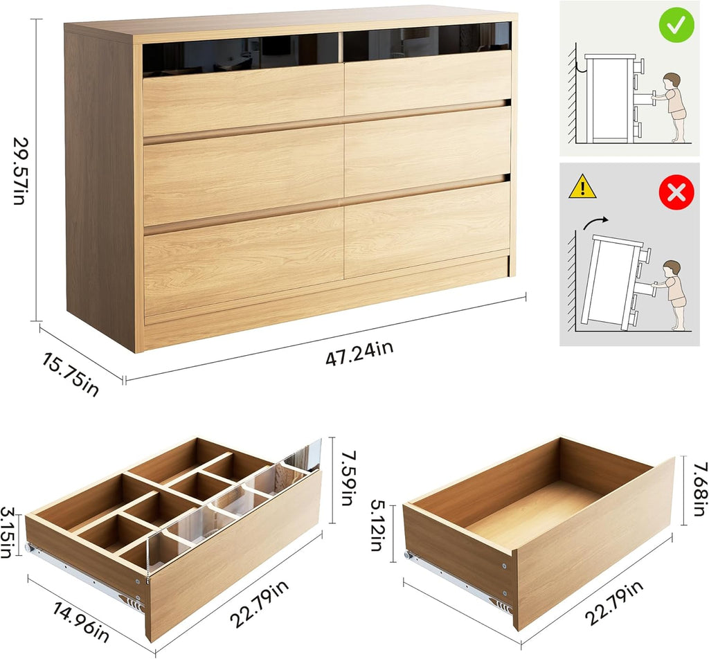 5 Drawer Dresser with LED Light, Modern Chest of Drawers with Hidden Handles, Tall Wooden Dresser Closet - Oak