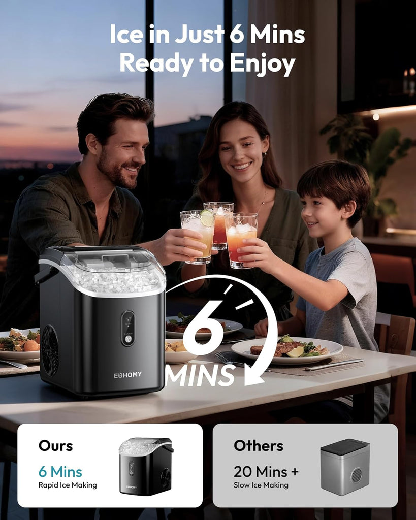 Nugget Ice Maker Countertop with Handle, Ready in 6 Mins, 38lbs/Day, Removable Top Cover, Self-Cleaning, Portable