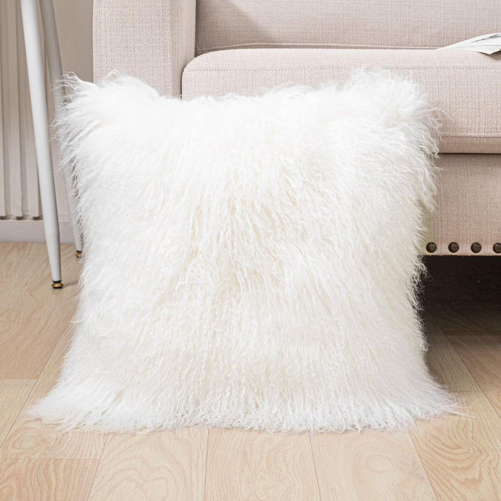 Mongolian Lamb Fur Throw Pillow Cover Soft Fluffy Decorated Car Accessories, 45cm (18" x18'') White