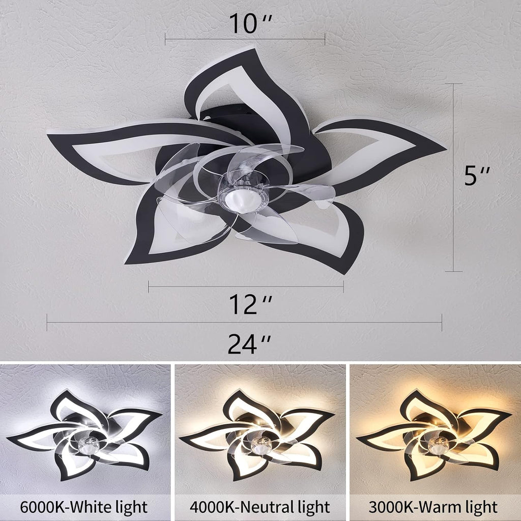 Ceiling Fan with Lights Remote Control, 24" Black, 6 Speeds 3 Light Color Low Profile Flush Mount Ceiling Fan Bedroom