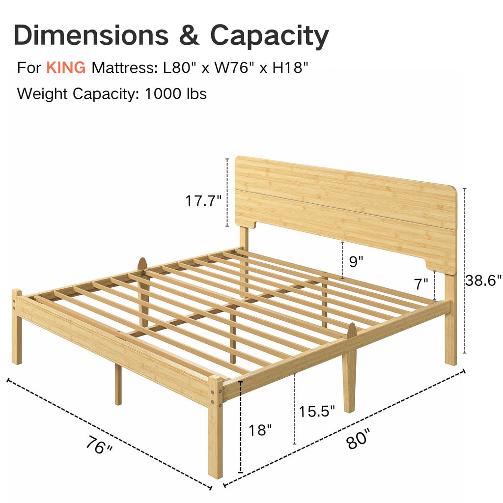 18" Solid Bamboo Wood King Size Bed Frame with Headboard, Natural