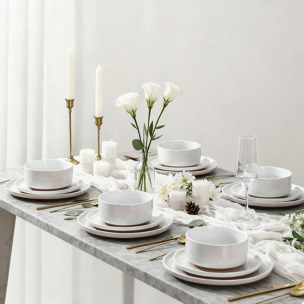 Modern Art Series Speckled Stoneware Dinnerware Set, Porcelain White