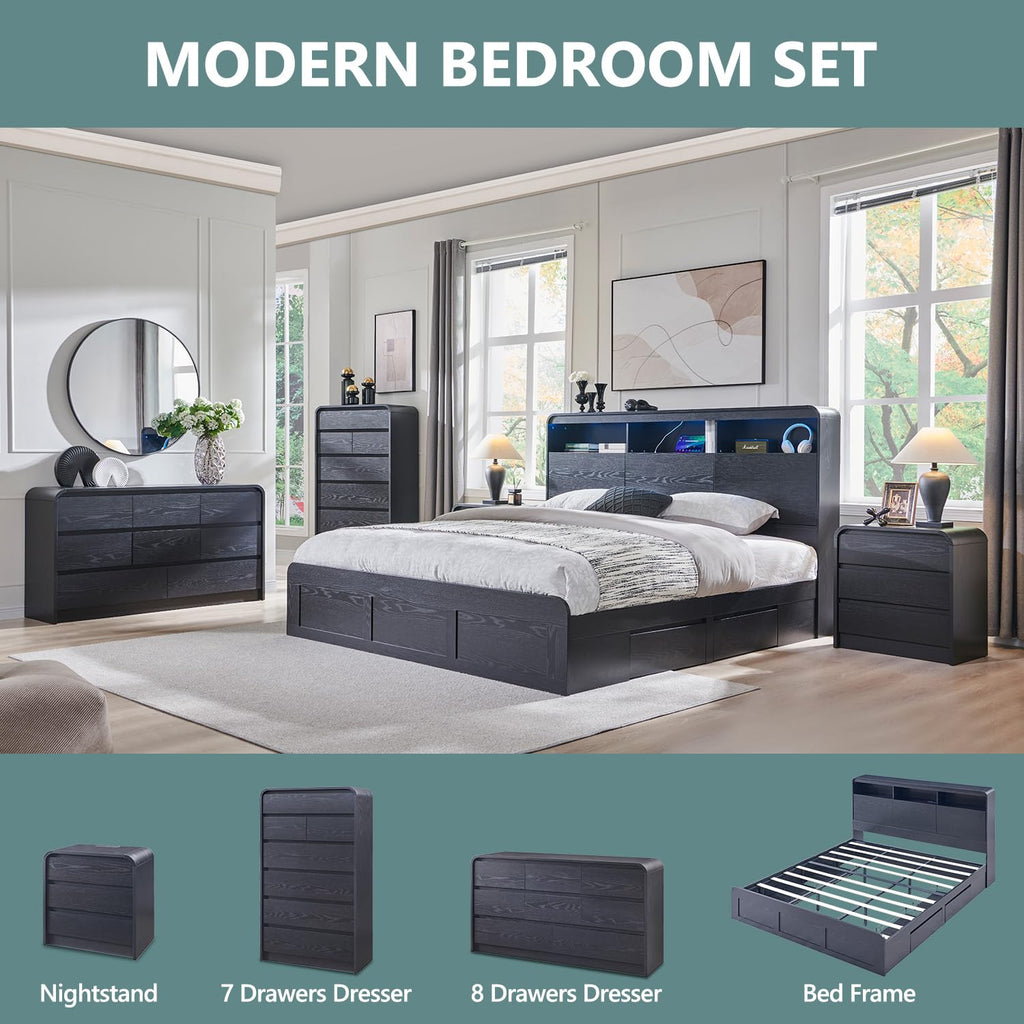 Modern 7 Drawers Dresser, 55" Tall Curved Dresser, Black