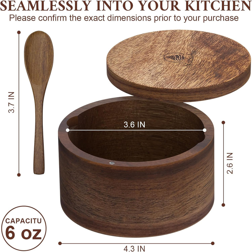 Salt Cellar with Lid & Spoon, Acacia Wood Salt Container, Salt Holder