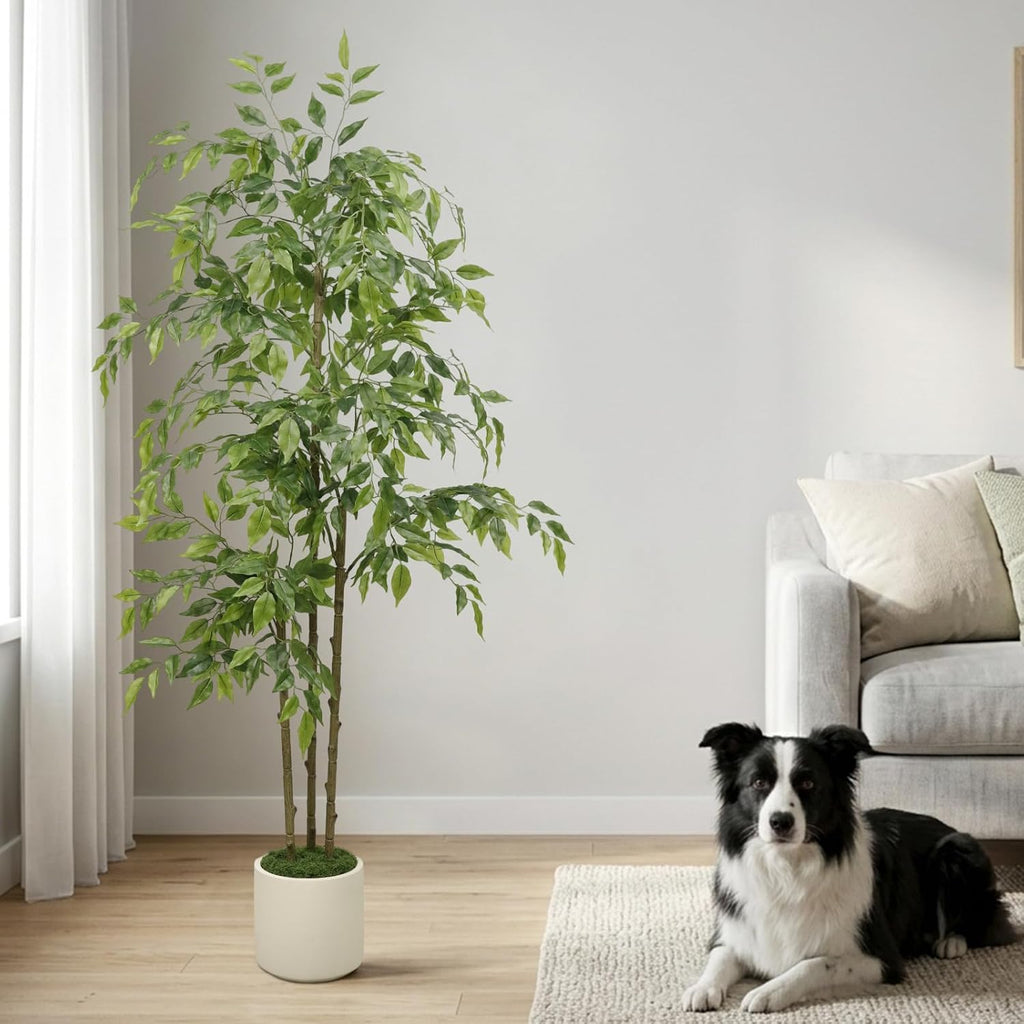 5ft Artificial Ficus Tree with Triple Trunk & White Planter Faux Ficus Tree