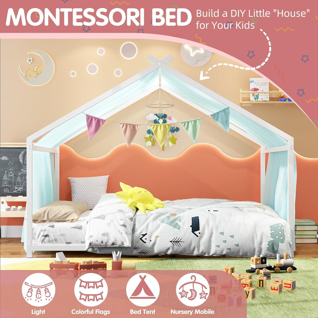 House Shape Twin Size Montessori House Bed Metal Floor Bed | Twin Bedframe for Kids No Box Spring Needed White