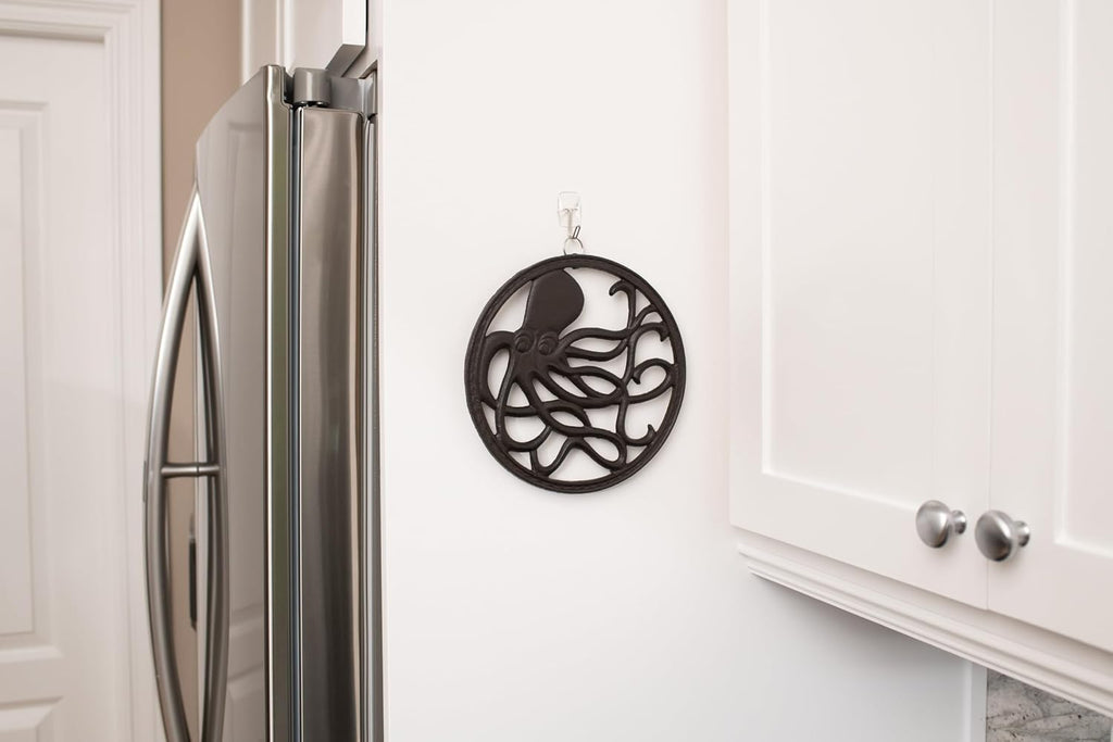 Cast Iron Trivet for Hot Dishes, Pots, and Pans, Metal Trivet, Octopus Design, Rubber Feet Caps, Ring Hanger, 8