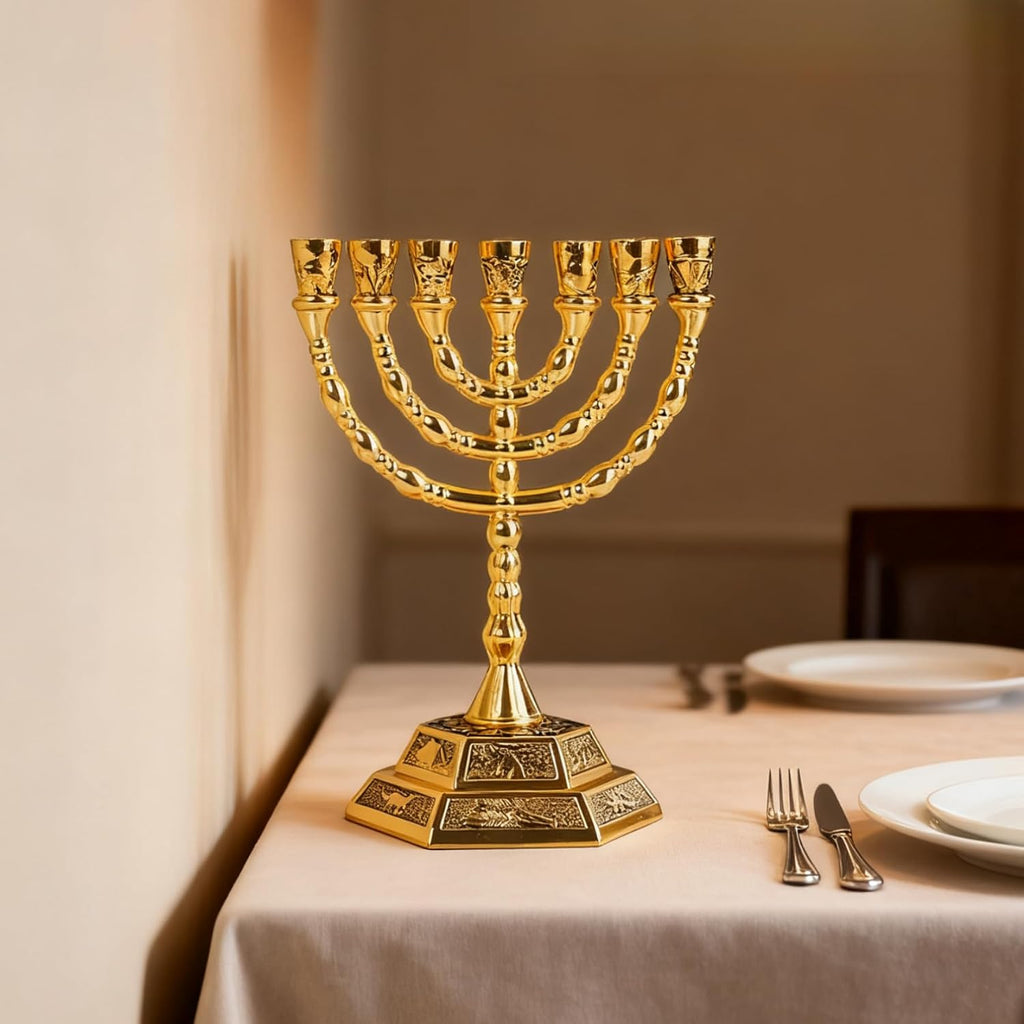 Hanukkah Candle Holder 7-Branch Jerusalem Temple Decoration Golden