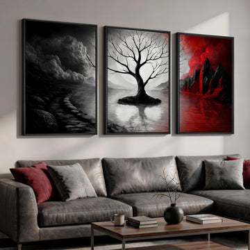 Large Framed Red and Black White Tree Wall Art, 24x36 Inch