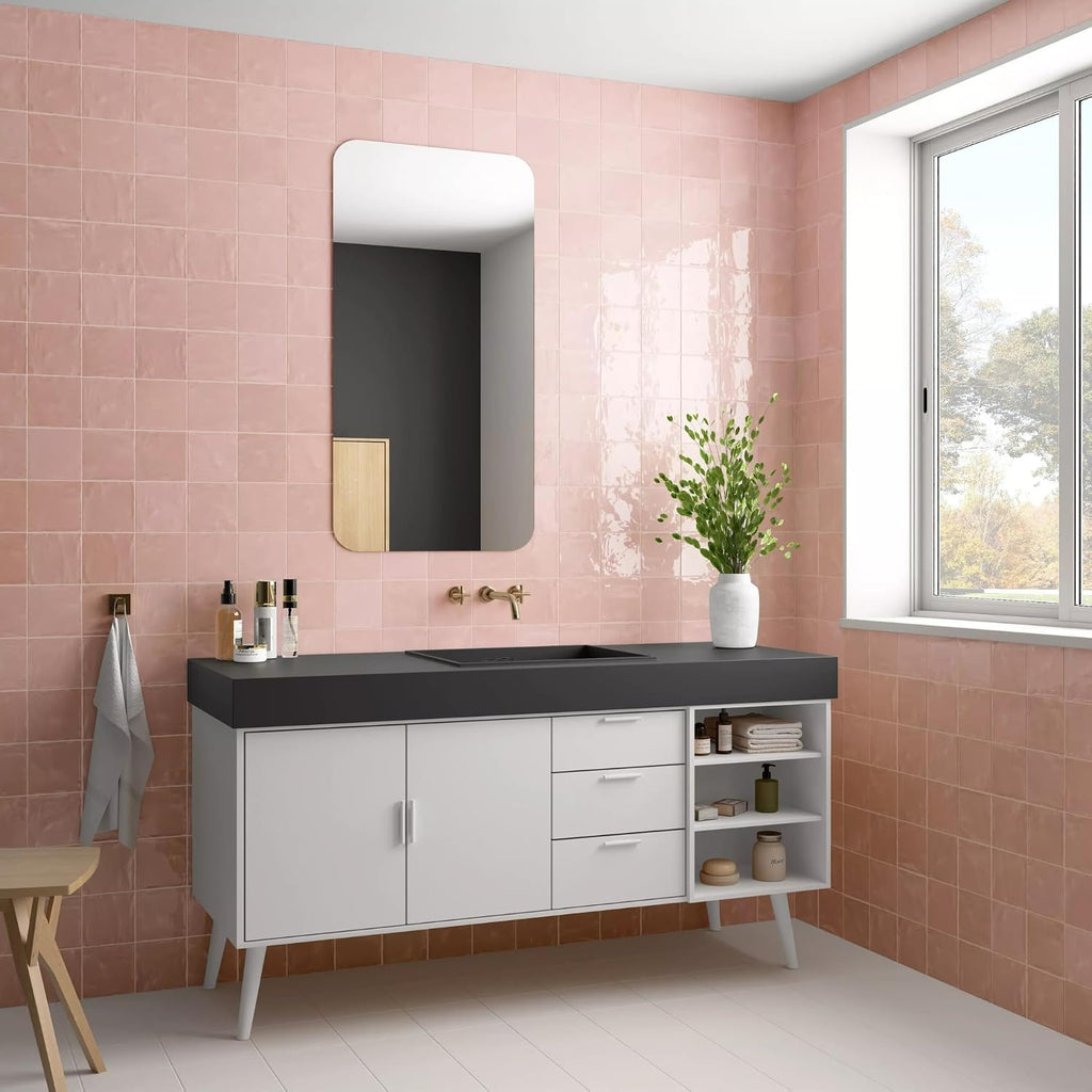 5x5 Glossy Pink Zellige Look Ceramic Wall Tile - Handmade Style Square Field Tile (4 Pieces)