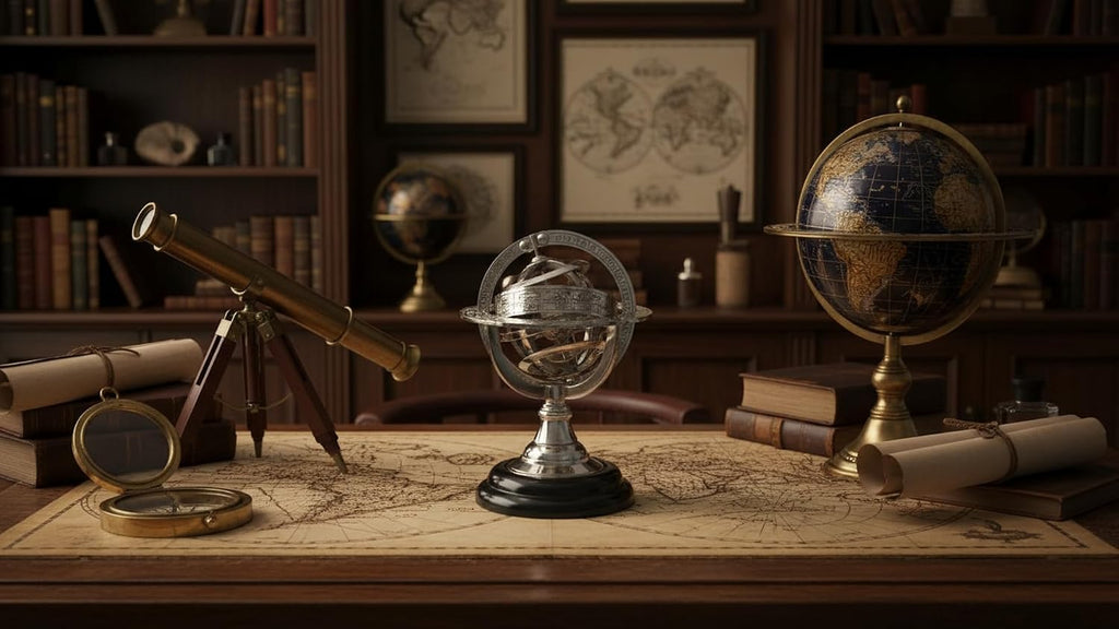 Brass Armillary Sphere Astrolabe On Black Wooden Base Nautical Gift Rustic Vintage Home Decor Gifts