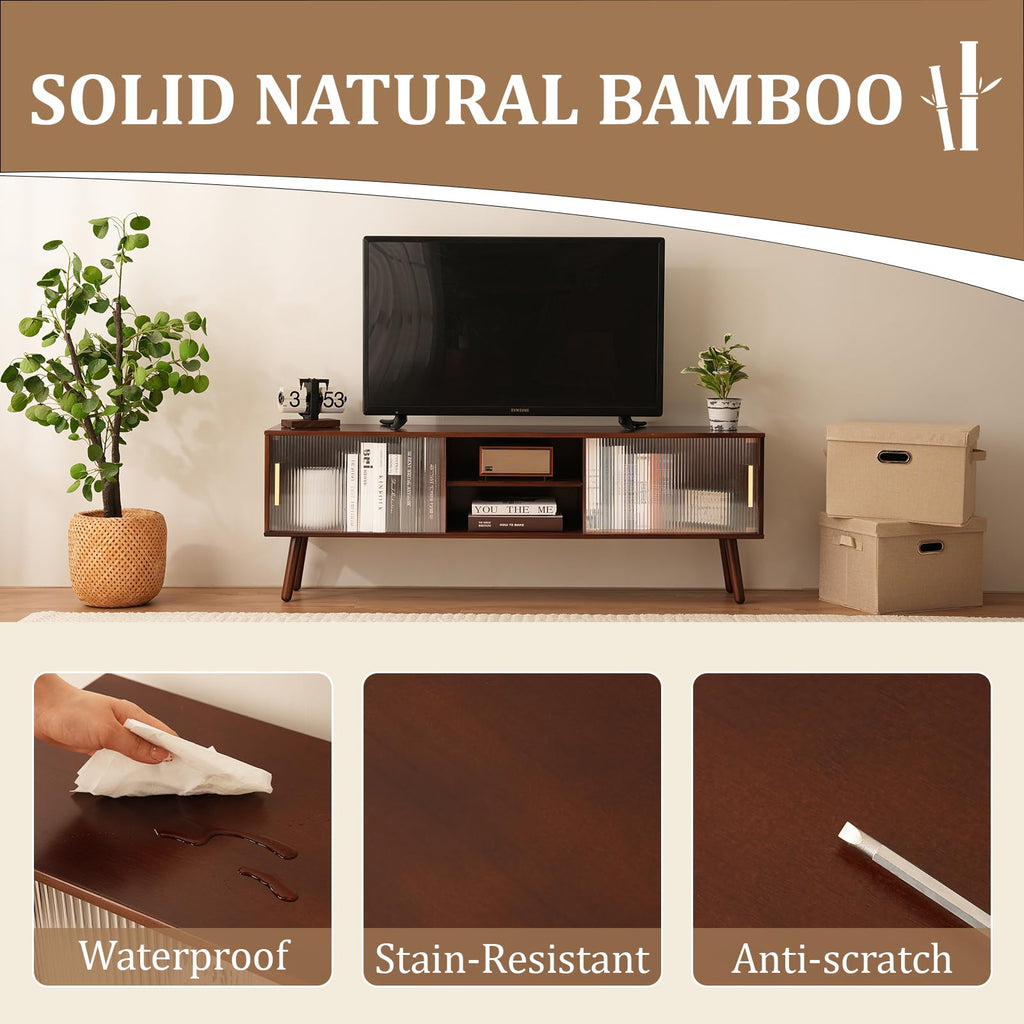 Bamboo TV Stand Entertainment Center, Mid-Century Modern Television Stand for 55-65 inch TVs, Rustic Brown Media