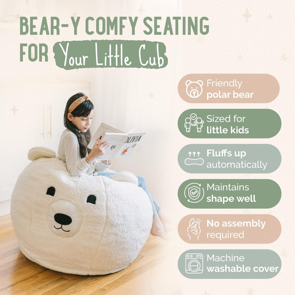 Kids Bean Bag Chair - Soft Sherpa and Memory Foam Stuffed Animal Beanbag Seat for Boys and Girls - Cozy Polar Bear