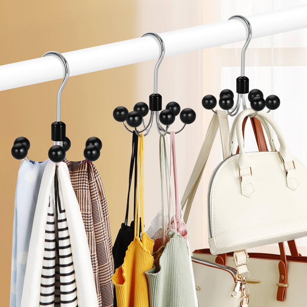 Hoodie Hangers 4-Pack with 6 Wood Balls, 360°Swivel Purse Hanger, Scarf Hanger, Closet Hooks, Handbag Organizer, Bra