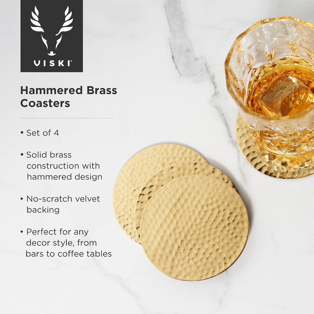 Hammered Brass Coasters, Round Coasters, Brass with Velvet Backing, Protect Tables and Surfaces, Gold - Set of 4
