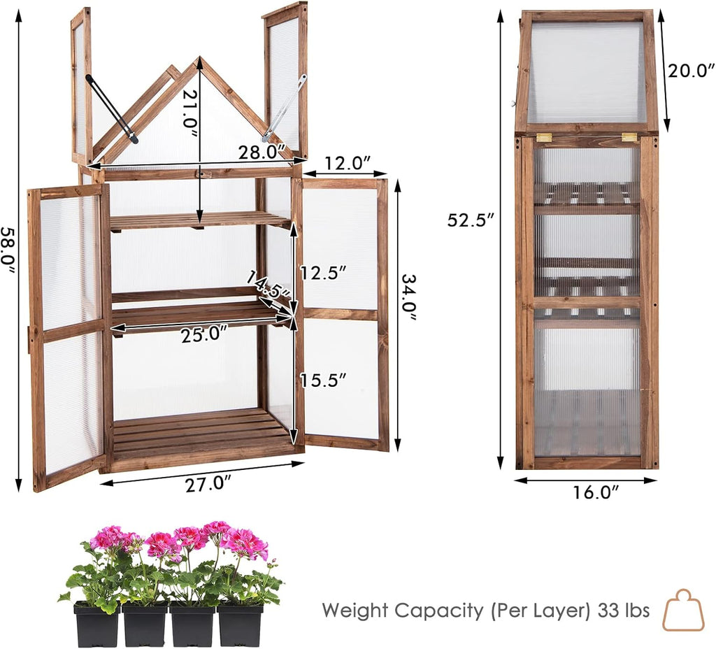 Wooden Cold Frame Greenhouse with 3 Removable Shelves for Outdoor | Portable Raised Flower Planter Shelf w/