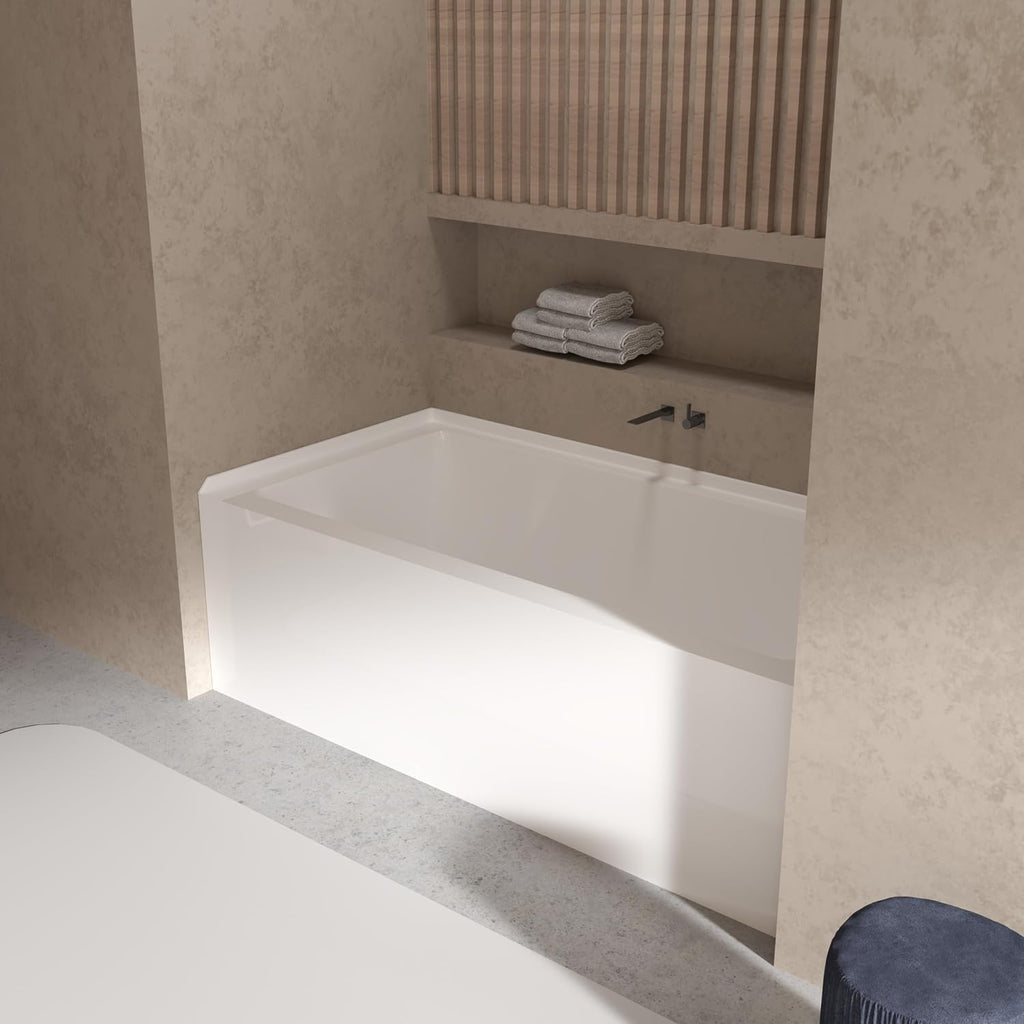 60 Inch Alcove Soaking Bathtub, Rectangular Acrylic Tub with Integral Apron, Left Drain, Glossy White Finish, Brushed