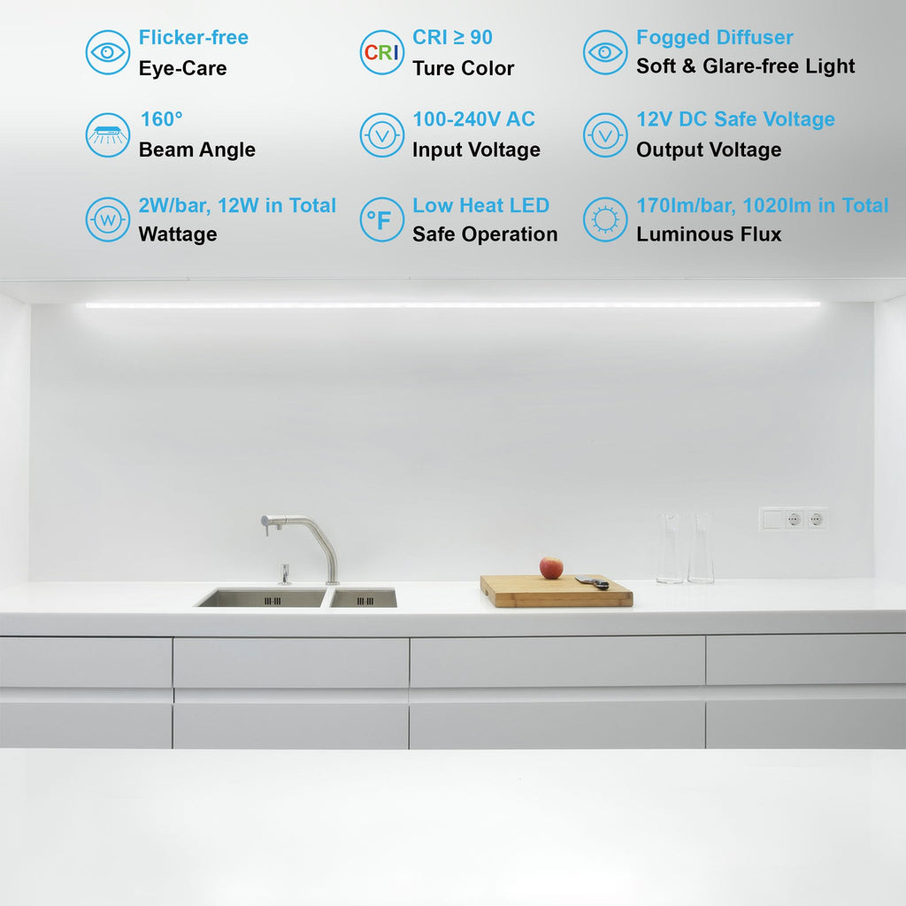 Under Cabinet Lights, Plug in, Seamlessly Linkable 12 Inch, 6 Bars+Switch+Extensions, Under Counter Lighting