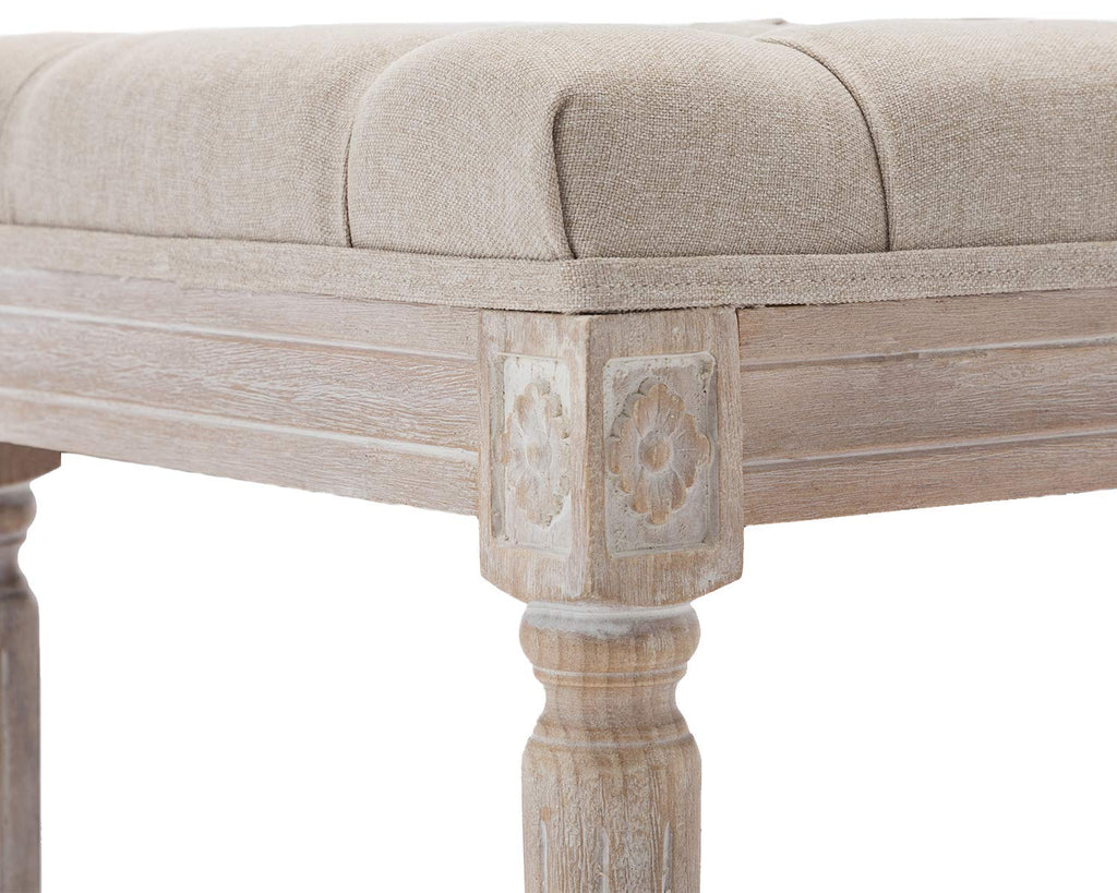 45.3" Upholstered Dining Room Bench, Rustic Living Room Ottoman Bench with Carved Pattern & Rustic White Brushed