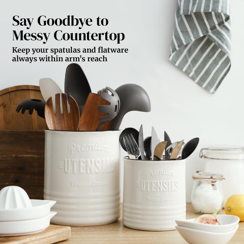 7.2" Large Ceramic Utensil Holder Counter, Beige