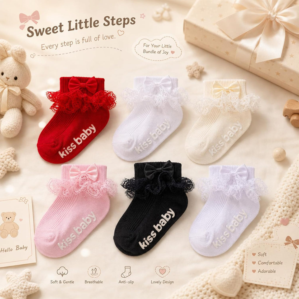 Baby Girl Ruffle Socks with Grips, Cotton Bowknot Lace Dress Socks