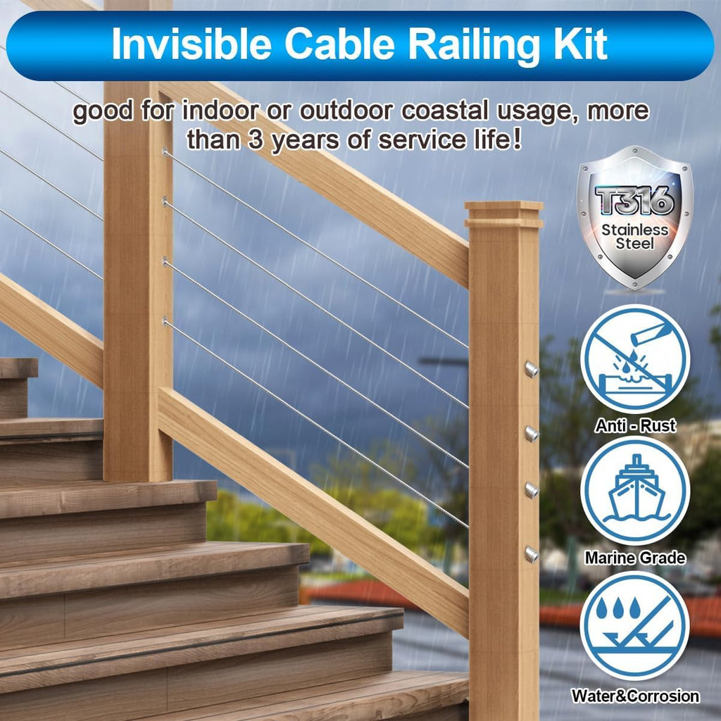 50 Pack Invisible Cable Railing Kit for 2"×2" Wood/Post Post- Marine 316L Stainless Steel Cable Railing Hardware