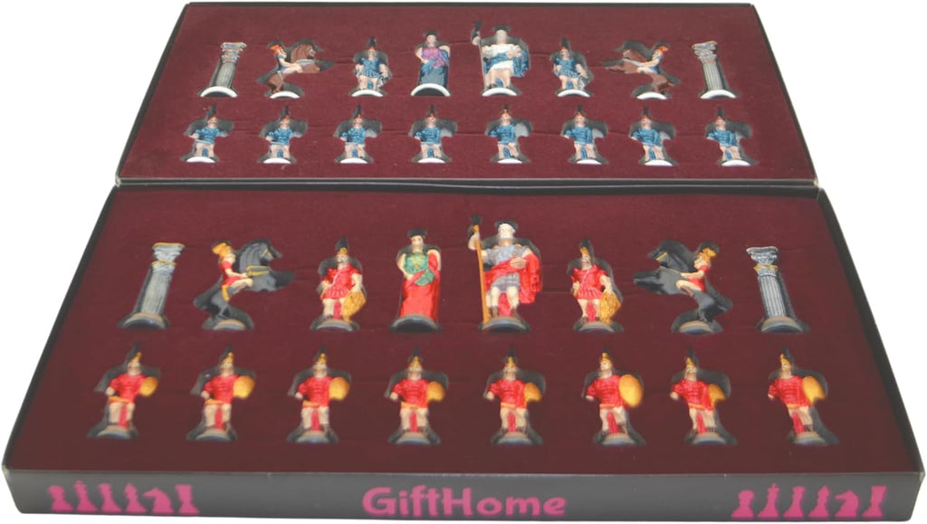 Metal Chess Set,Historical Rome Figures,Handmade Painted Chess Pieces with Marble or Mosaic Design Wooden Chess Board - Set of 32