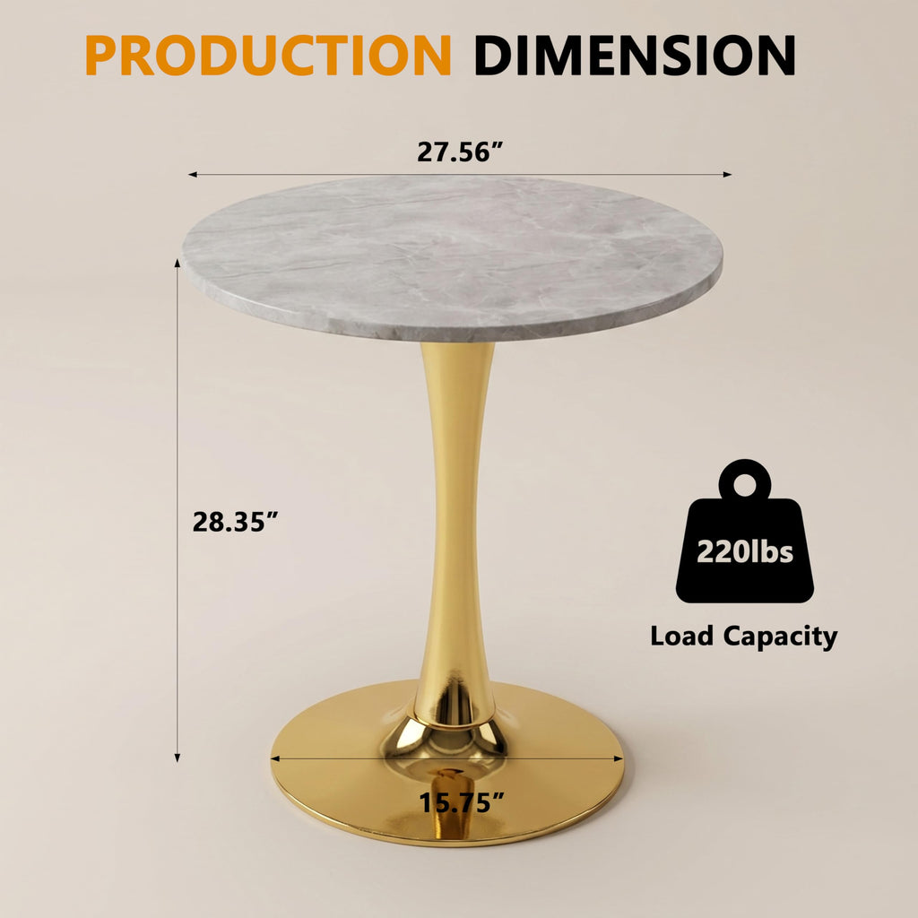 27.6" Marble Round Tulip Table, Mid-Century Modern Style Dining Table with Gold Pedestal Base for 2-4 People