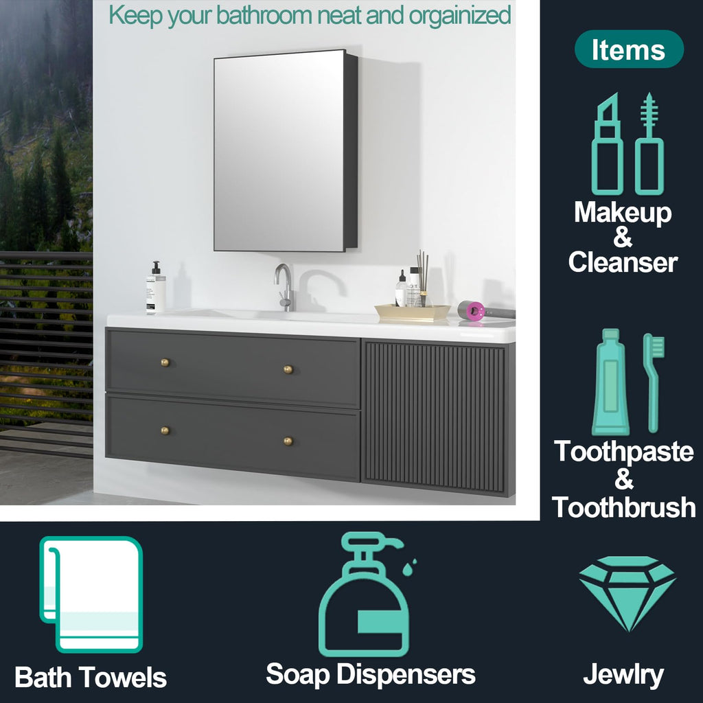 Black Medicine Cabinet, Farmhouse Recessed or Surface Wall Mounted Aluminum, Modern Pre-Assembled Storage Cabinet