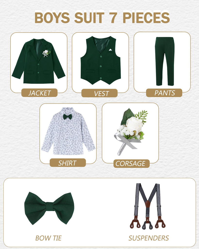 Green Boys Formal Outfit Boys Christening Outfits for Memorial Services 7 Pcs Including Jacket, Pants, Shirt, Vest