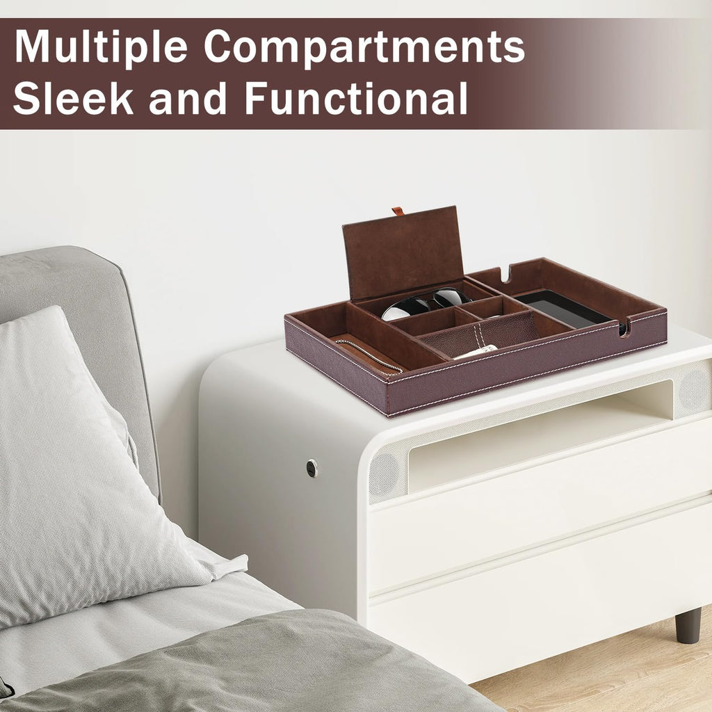 Mens Nightstand Organizer, Leather Valet Tray for Men, EDC Catchall Tray with Phone Charging Station, Dresser Top