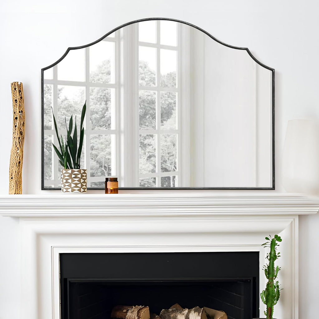 Black Scalloped Wall Mirror: 40"x29" Large Modern Wooden Arched Dresser Mirror - Minimalist Fireplace Mirrors
