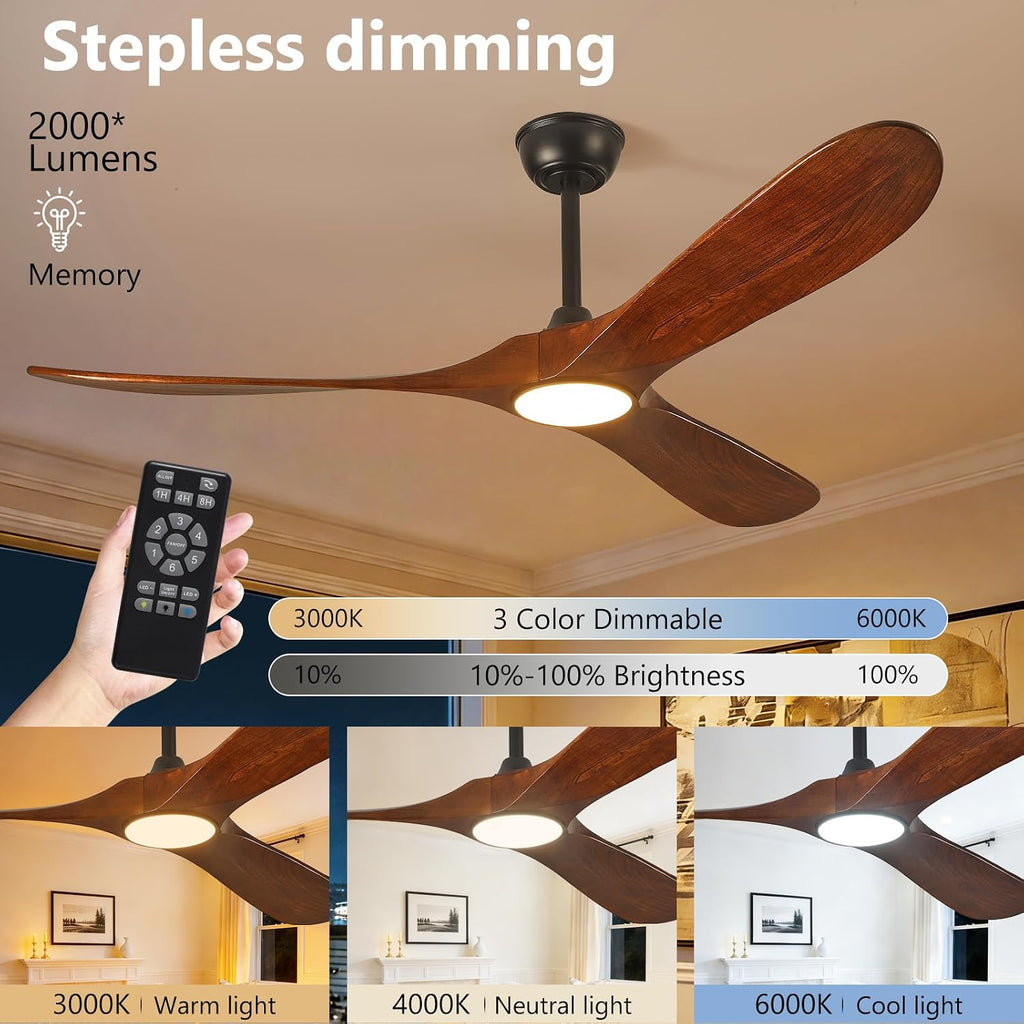 60" Ceiling Fan with Light and Remote, 6-Speed Dimmable Outdoor Ceiling Fan, High CFM Quiet 3 Blade Wood Ceiling Fan