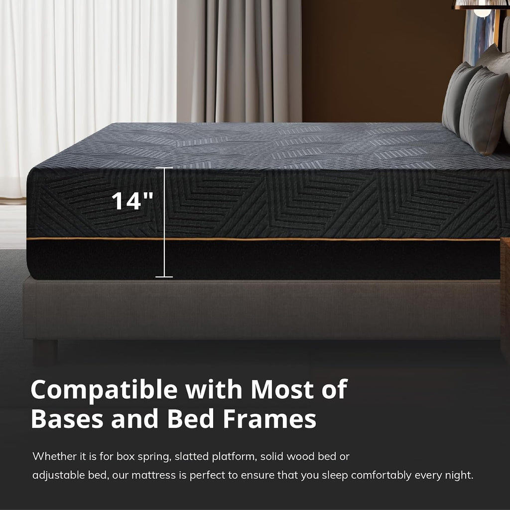 Queen 14 inch Memory Foam Mattress for Back Pain Relief Medium Firm | Fiberglass Free, Copper Gel Infused