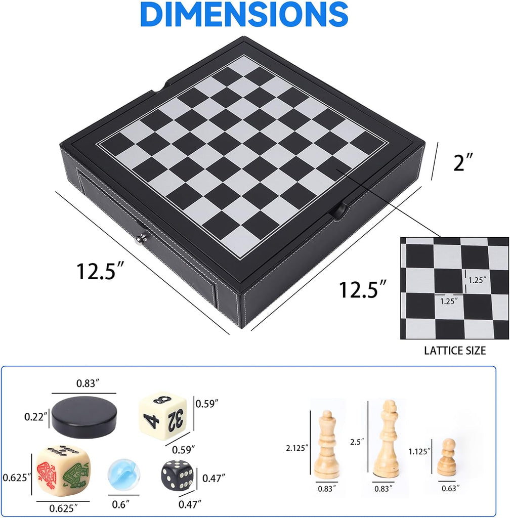 GSE 12.5" 5-in-1 Chess Checkers Backgammon Poker Dice Chinese Checkers Game - Set of 32