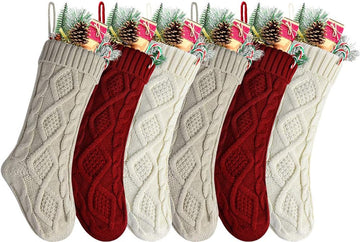 Christmas Stockings 20 Inch Burgundy, Ivory, Khaki Cable Knit Xmas Stockings for Family Christmas Decoration, 6 Pack