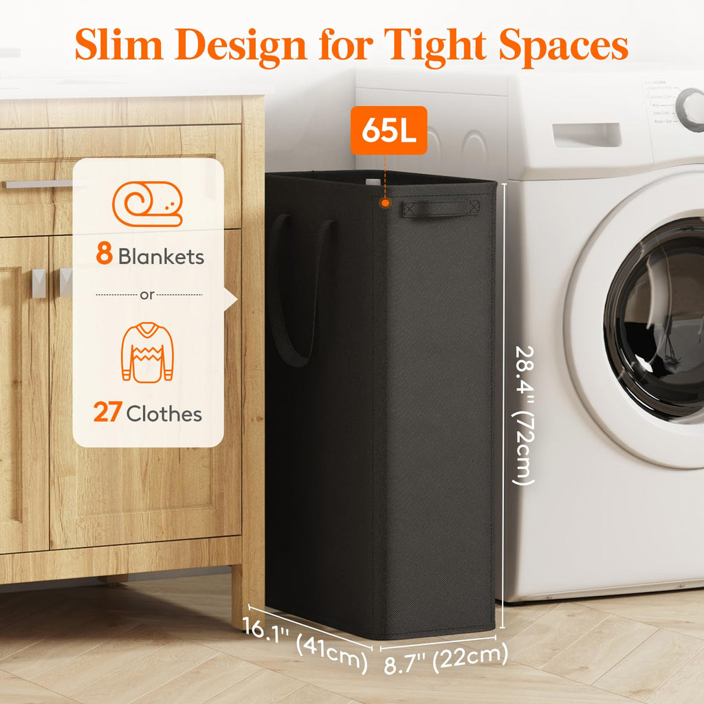 2 Pack Slim Laundry Hamper with Handles, 65L, Black