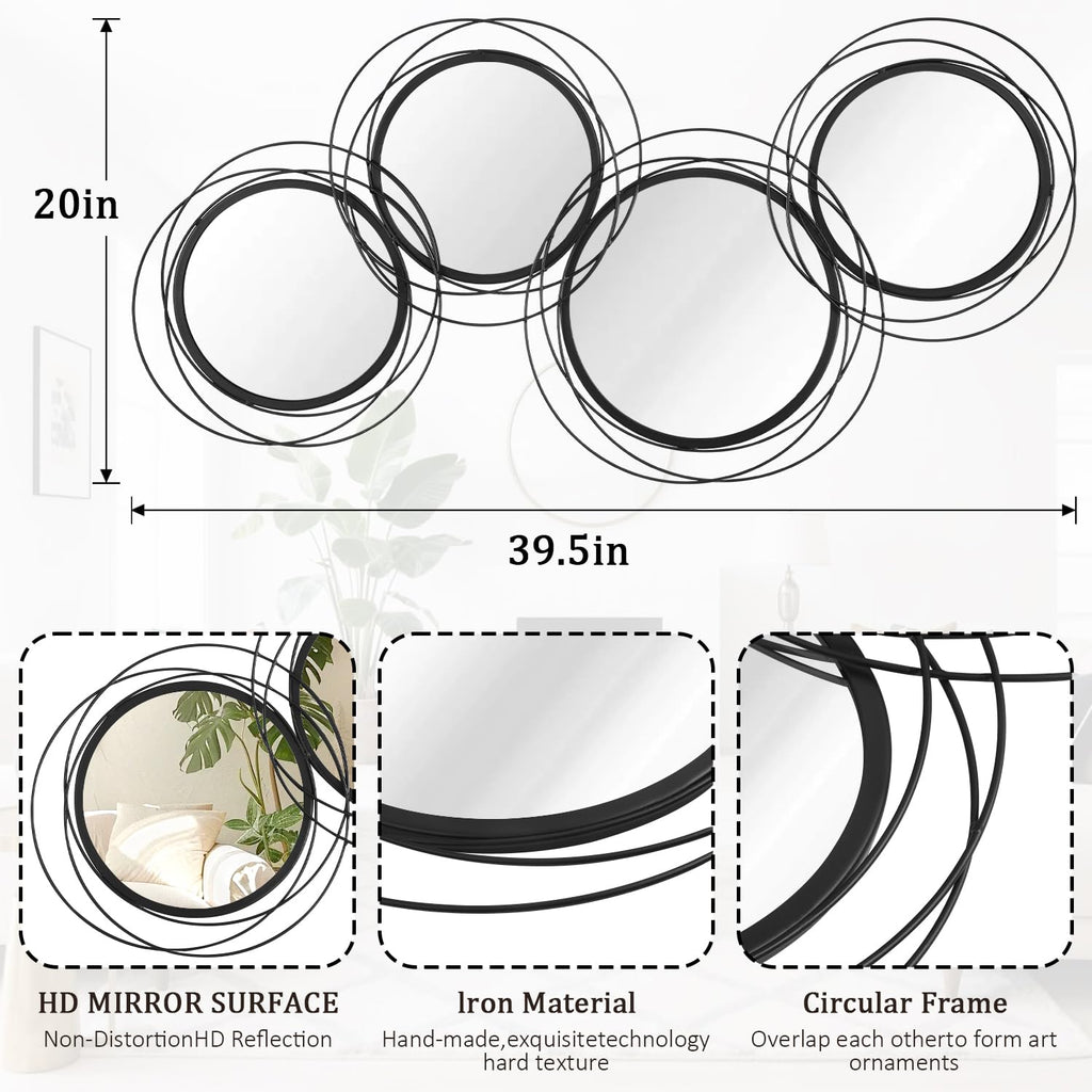 Black Wall Mirror Set, Metal Framed Round Mirror 4 Pack Circle Modern Decorative Mirrors Bedroom Bathroom Entryway